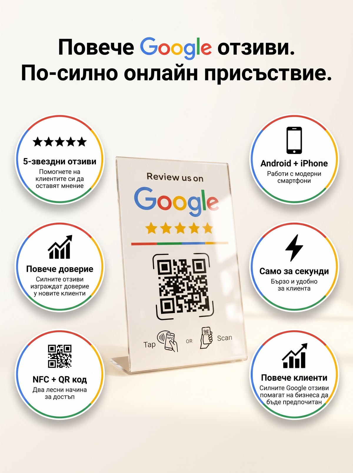 Събирай повече Google отзиви с едно докосване чрез RateUp™ NFC стойка.