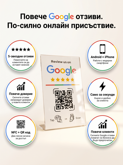 Събирай повече Google отзиви с едно докосване чрез RateUp™ NFC стойка.
